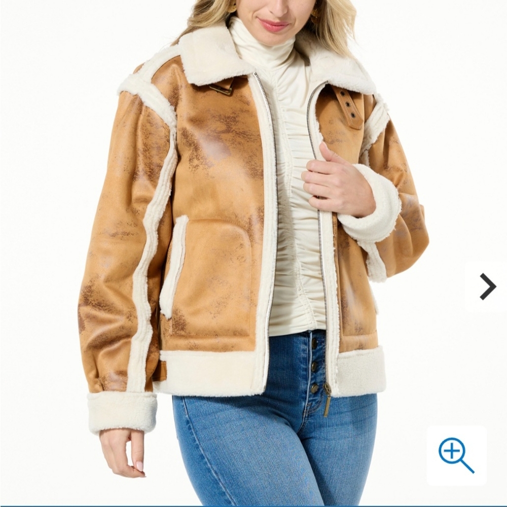 G by Giuliana Black Label Faux Suede and Shearling Zip-Front Coat
